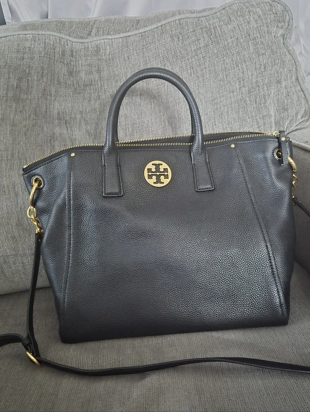 Tory Burch Black Pebbled Leather Satchel with Gold-Tone Logo